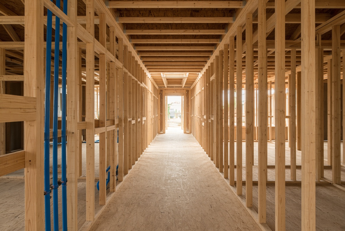 A wood-framed hallway under construction