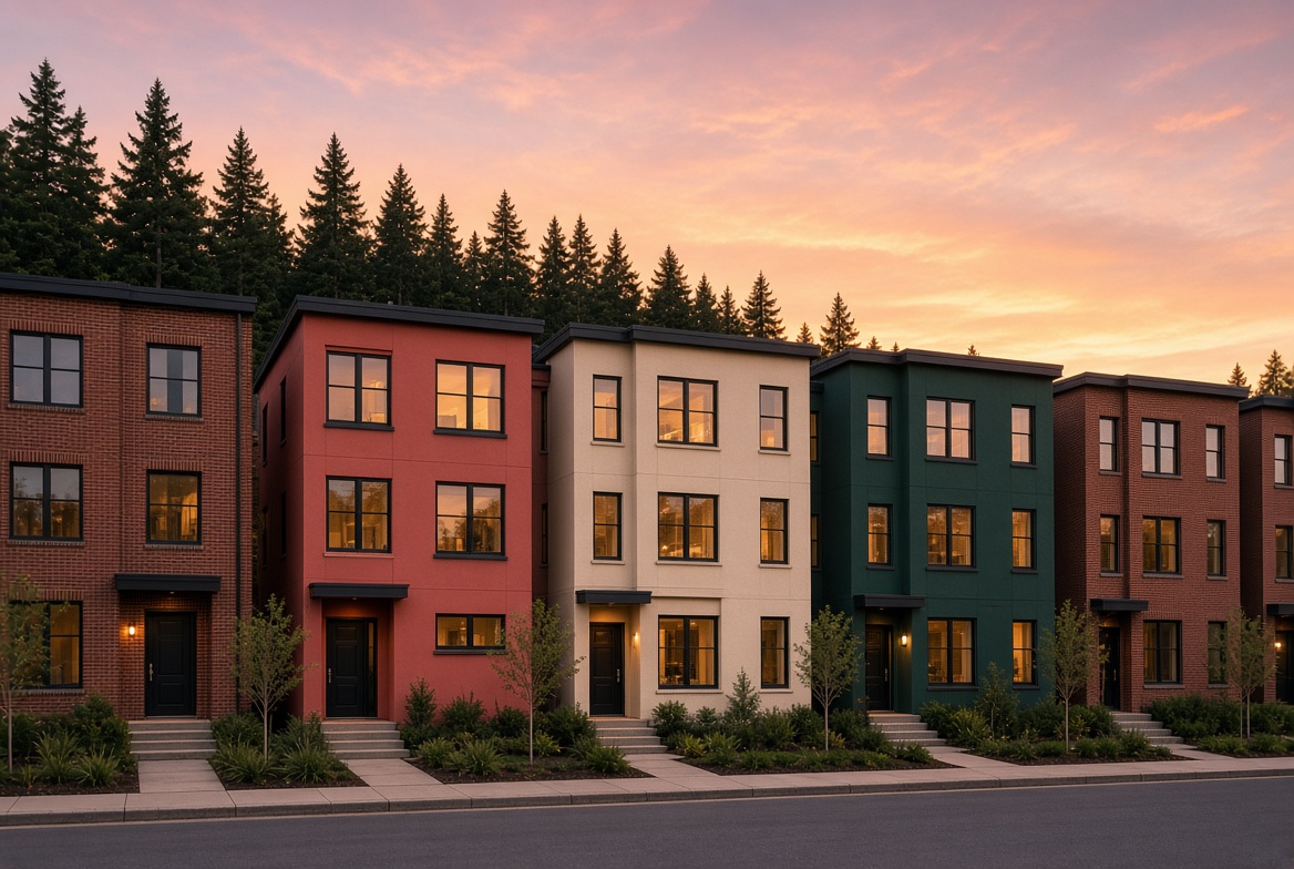 A row of colorful townhouses at sunset